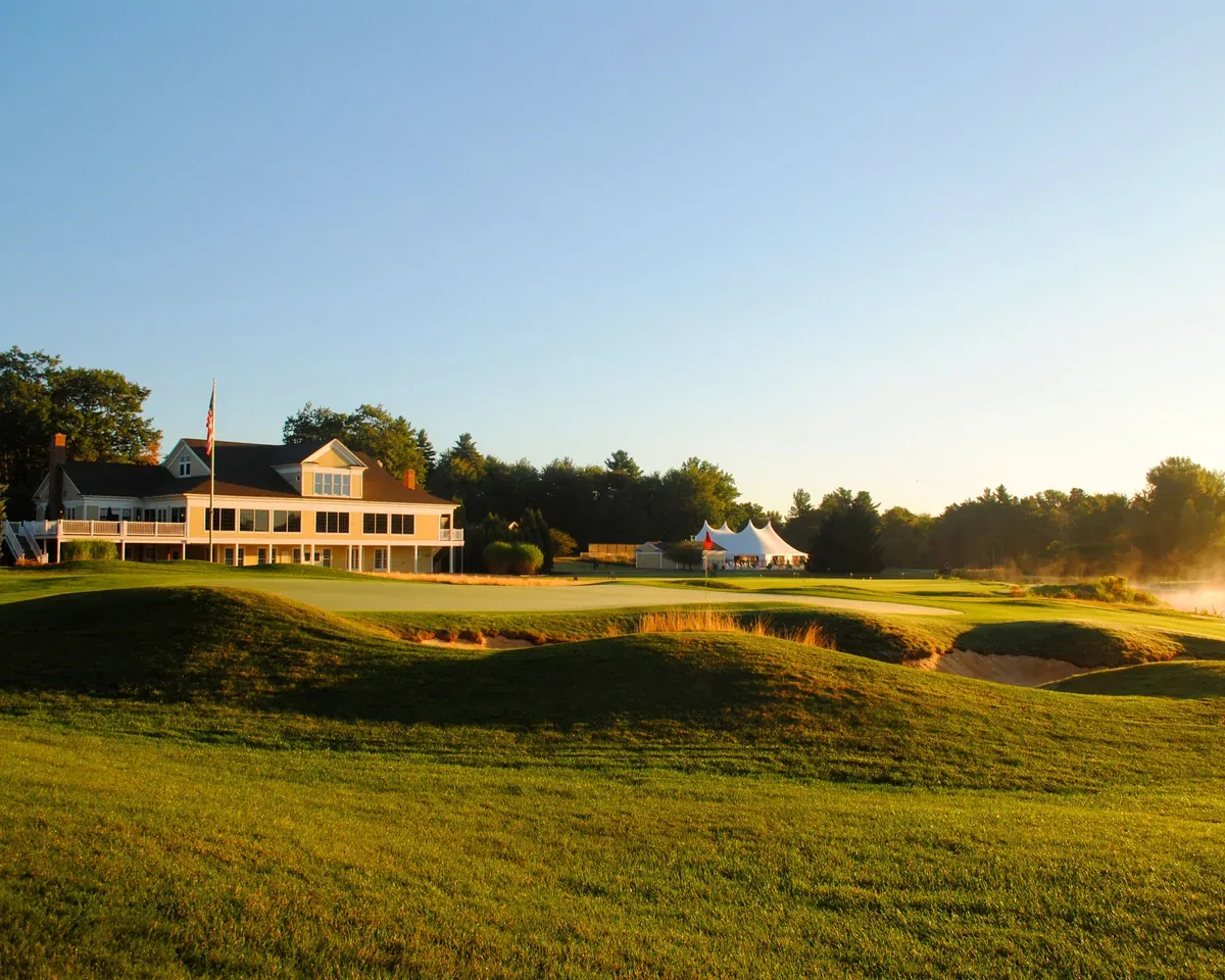 A small-town golf clubhouse beside the green on a clear morning